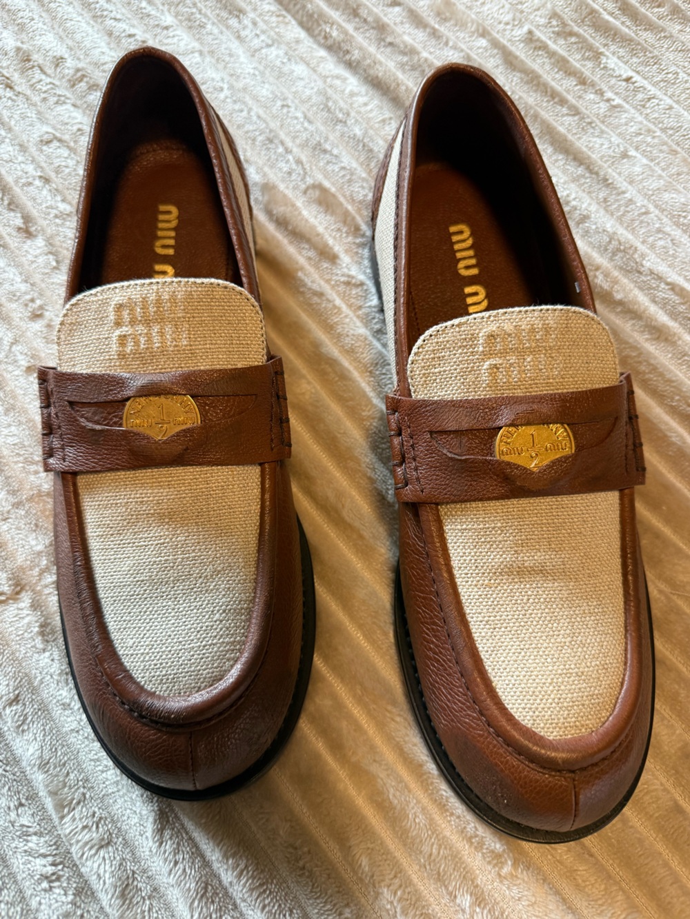 Miu Miu Brown Leather and Cream Fabric Penny Loafers